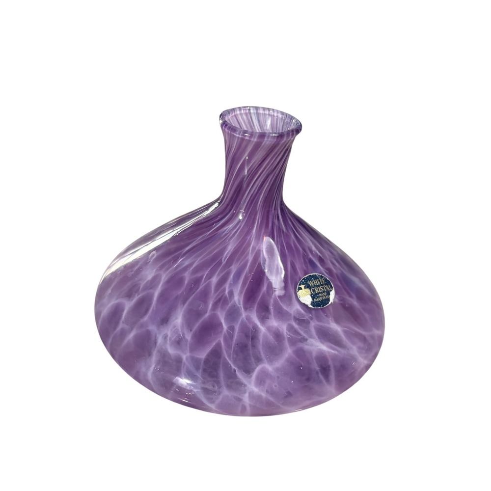 White Cristal Bud Vase Small Purple Excellent Italian Hand Blown Glass